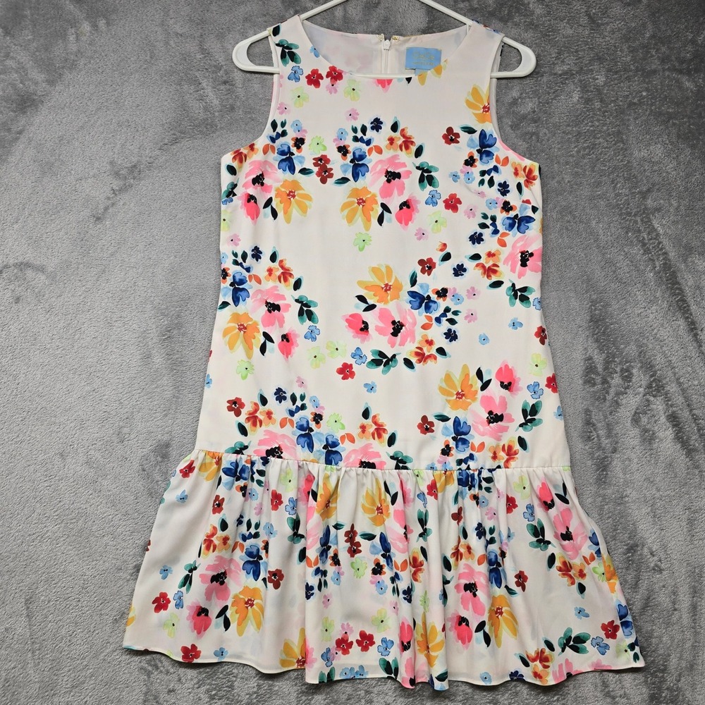 CeCe by Cynthia Steffe Floral Drop Waist Dress Size 2 White Ruffle Sleeveless